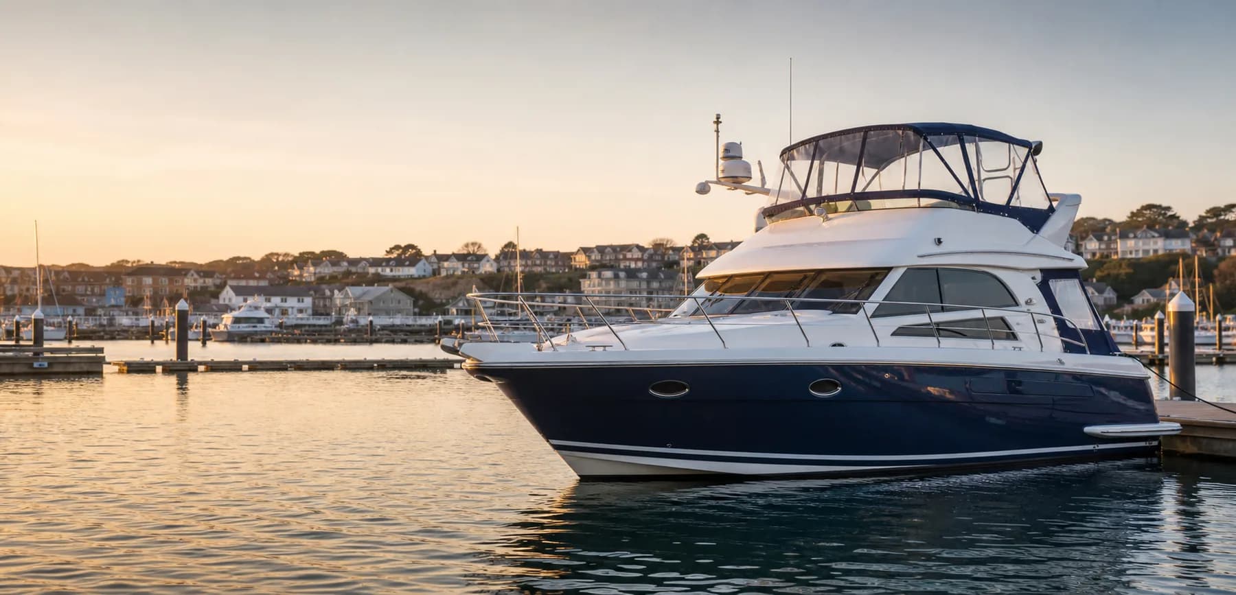 An attainable motor yacht cruising through a British marina in warm natural light