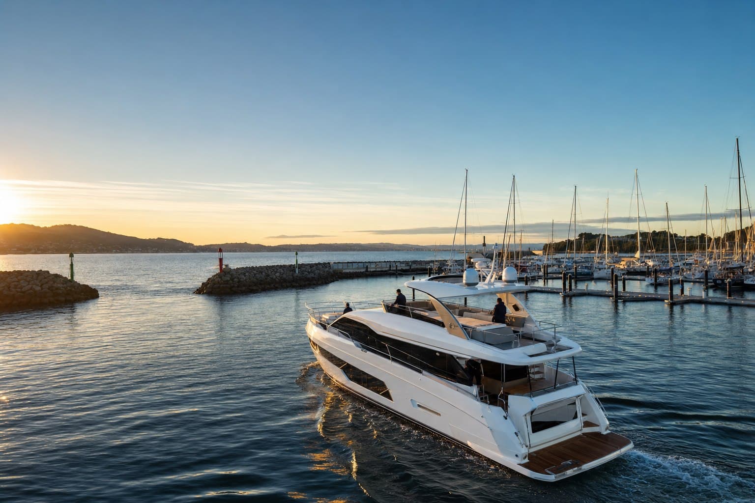 CYR editorial illustration of a motor yacht arriving at a coastal marina